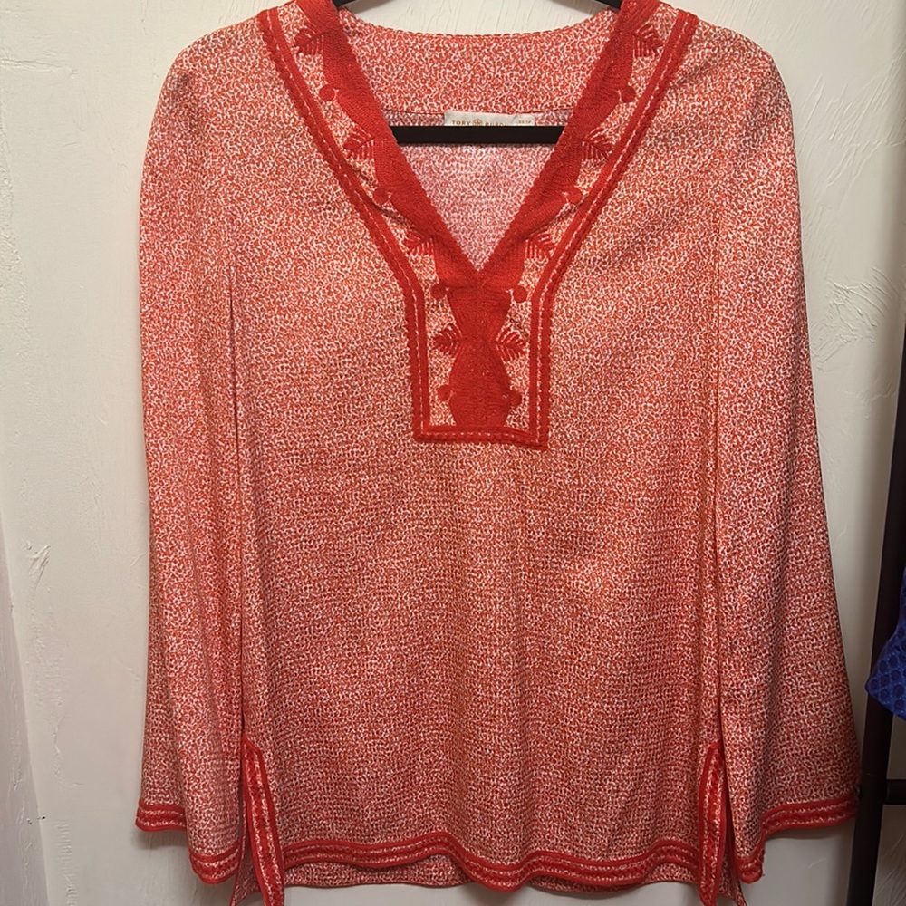 Tory Burch Orange Printed Silk Tunic with Embroidery Details
